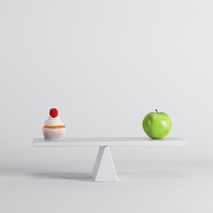 Green apple seesaw with green apple on opposite end on white background. food idea minimal.