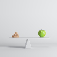 Green apple seesaw with Sugars on opposite end on white background. food idea minimal.