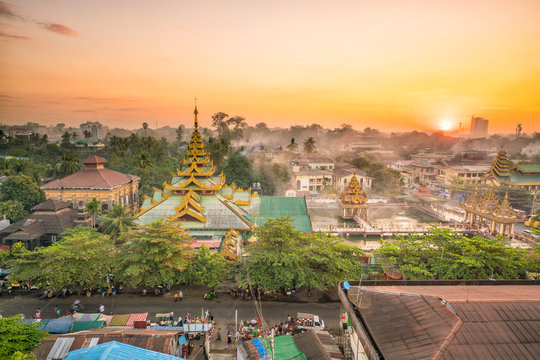 Yangon skyline with beautiful sunrise