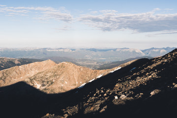Scenic view of the Rocky Mountains from the top of a mountain in Colorado. 