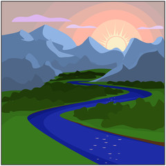 Fototapeta premium sunset in the valley where the river, forest and mountains