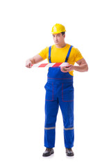 Funny worker wearing coveralls with tape
