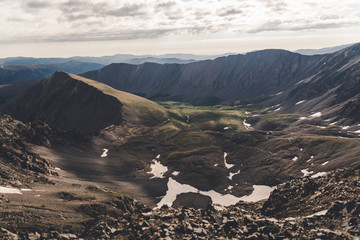 Landscape view of the Rocky Mountains seen from the top of a mountain in Colorado. 