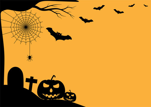Halloween background vector with dark pumpkin, spider and bat silhouette style of sunset orange light