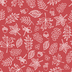 Seamless autumn doodle leaves vector background. White leaves on dark pink background. Acorn, oak tree, maple tree. Doodle leaf print. Fall background, Thanksgiving, Seasonal print, paper, fabric