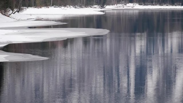 Reflection of forest in the water of Altai Biya river in winter season