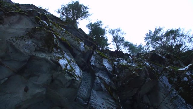 Snowing falling from atop a cliff.