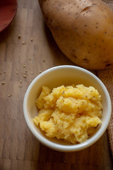 A homemade serving of mashed potatoes. A easy dish made with potatoes, unsalted butter and milk.