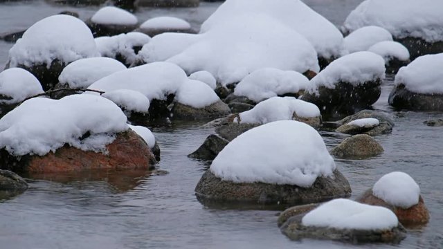 Stones with snow caps in the water of Altai Biya river under heavy snow in winter season