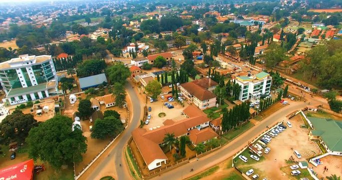 Aerial clip of Morogoro Town, Tanzania, during a sunny day.