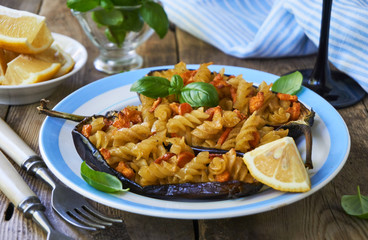 Stuffed eggplants with pasta on a plate
