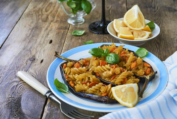 Stuffed eggplants with pasta on a plate