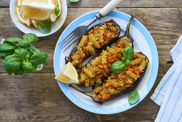 Stuffed eggplants with pasta on a plate