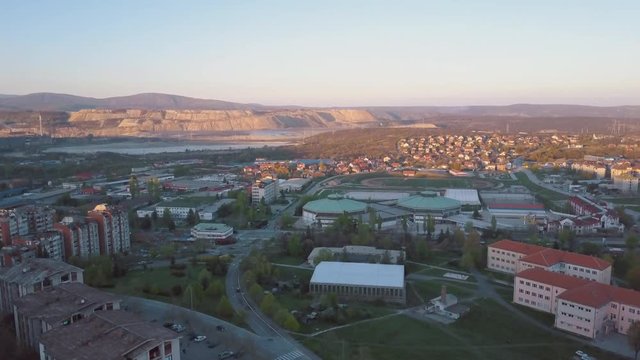 Aerial clip of a sunset over the city of Bor, Serbia.