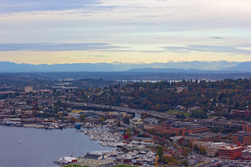Aerial view on Lake Union and suburban Seattle nearby. Lake Union panorama during sunset in autumn.