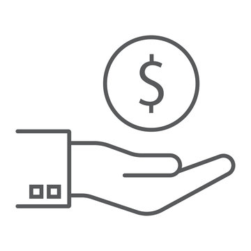 Hand holding coin thin line icon, finance and banking, hand sign, vector graphics, a linear pattern on a white background, eps 10.