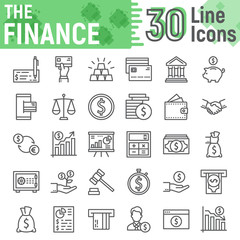 Finance line icon set, banking symbols collection, vector sketches, logo illustrations, money signs linear pictograms package isolated on white background, eps 10.