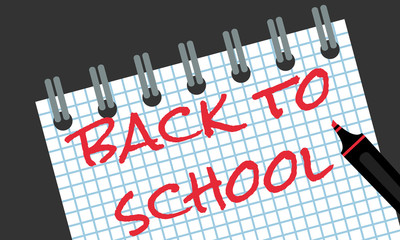 Fototapeta premium back to school - red marker text in checkered notepad, flat style vector banner