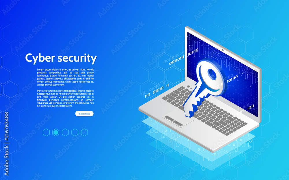 Fototapete 3D Cyber security technology mechanism concept. Abstract isometric personal data protection. Header for website with laptop and protection key.