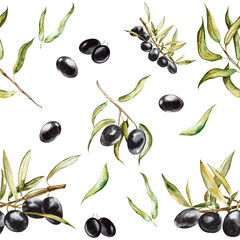 Seamless pattern. Black olives on branches with leaves. Hand drawn watercolor illustration isolated on a white background. 