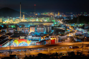 Landscape of Oil Refinery Plant and Manufacturing Petrochemical at Twilight Sunset Scenic View,Industry of Power Energy and Chemical Petroleum Product Factory. Cityscape Scenery and Industrial Area 