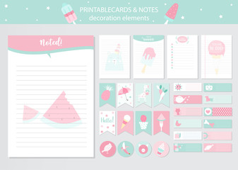 Set of animals and cute vector cards,cool,summer,ice cream,baby shower,printable,  tags,cards,templates,Notes, Stickers, Labels,Scrap booking, Congratulations, Invitations,Vector illustration