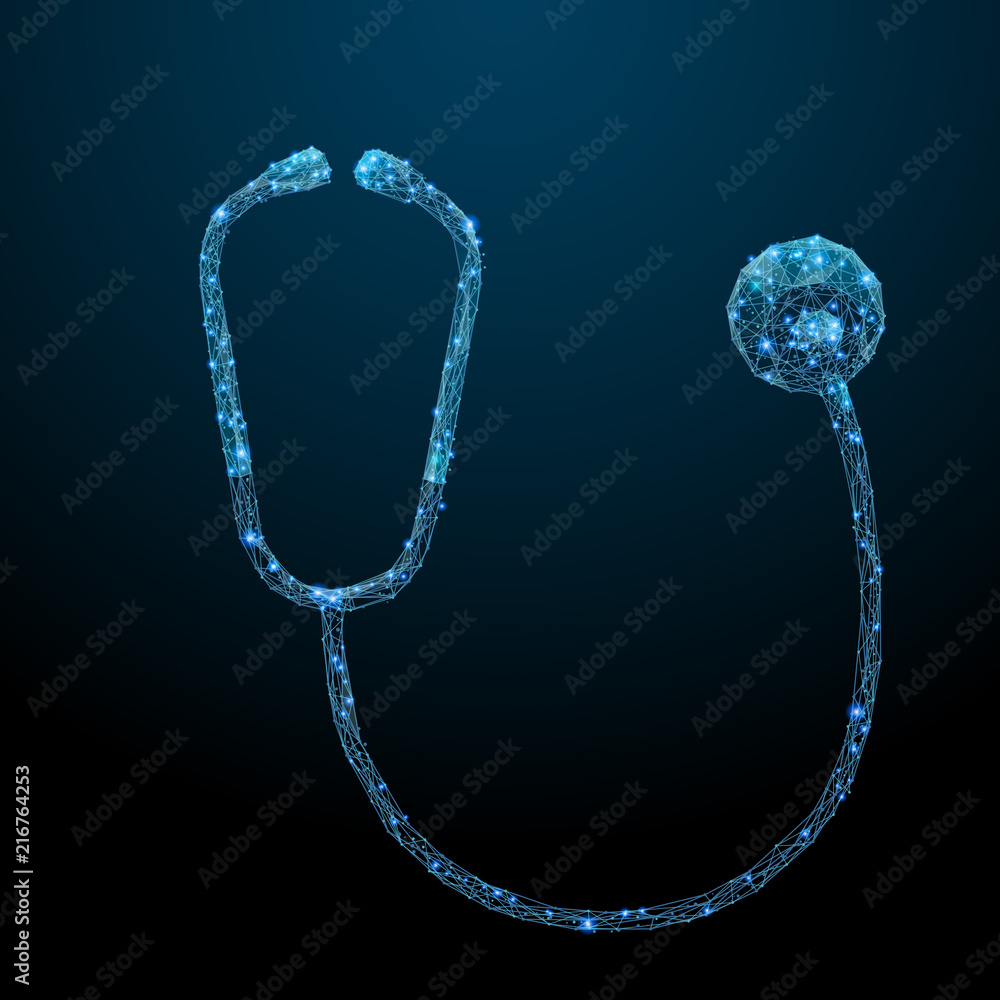 Poster Abstract image of a Stethoscope in the form of a starry sky or space, consisting of points, lines, and shapes in the form of planets, stars and the universe. Vector wireframe concept