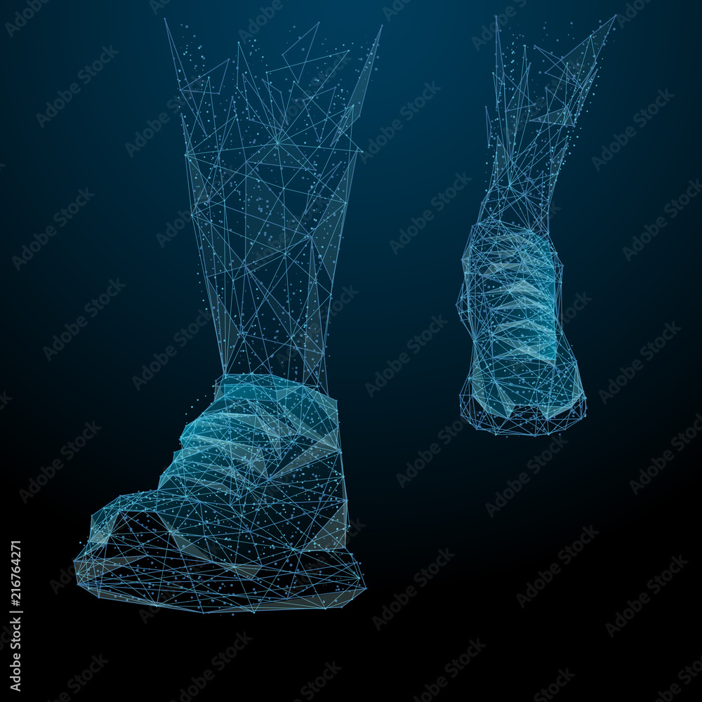 Poster walking in trainers. low poly blue. polygonal abstract health and sport illustration. in the form of
