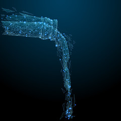 Abstract image of a Pouring from beer bottle in the form of a starry sky or space, consisting of points, lines, and shapes in the form of planets, stars and the universe. Alcohol wireframe