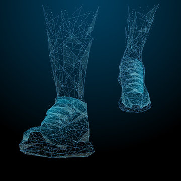 Walking in trainers. Low poly blue. Polygonal abstract health and sport illustration. In the form of a starry sky or space. Vector image in RGB Color mode. legs and sneakers in a motion.
