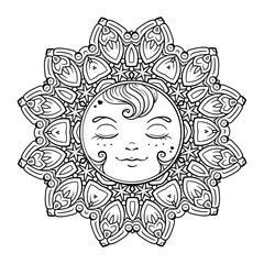 Black and white ornamental sun coloring page.