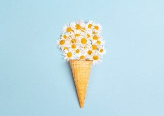 Waffle cone withchamomile flowers on blue background.