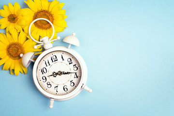 White alarm clock and yellow sunflowers on blue background.