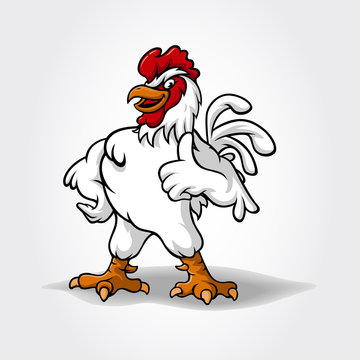 Chicken vector cartoon character smiling and giving thumb up. Funny Cartoon Super Rooster mascot illustration.