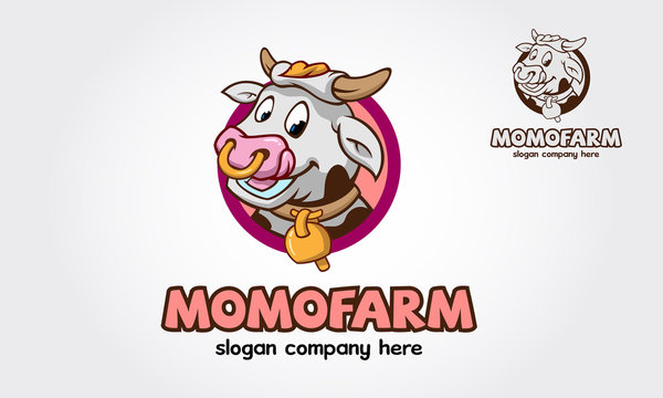 Momo Farm Logo Cartoon Character. Happy cartoon cow, Illustration of a cow and a sign, vector logo illustration.
