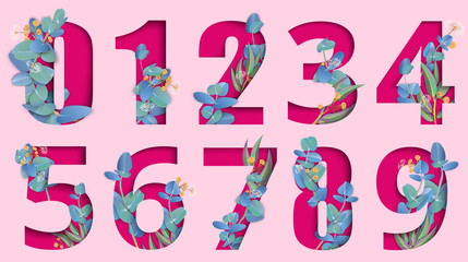 Naklejka premium Pink carved paper isolated numeral signs with eucalyptus.