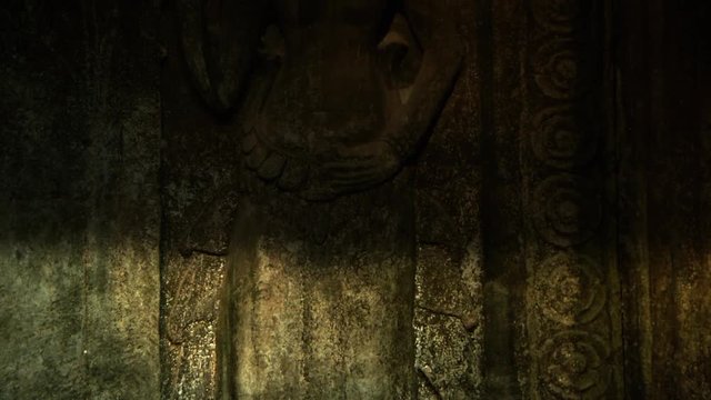Timelapse tilt up of carving at Ta Prohm Cambodia Siem Riep