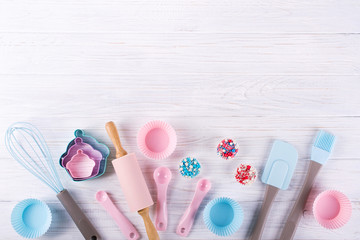 Baking and cooking utensils. Flat lay Top view, mockup for recipe onwhite background.