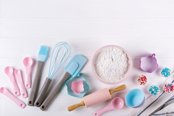 Various kitchen baking utensils. Flat lay. Top view, mockup for recipe on white background.