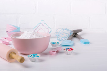 It's cooking time. Baking tools on white. Recipe book background concept.