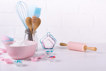 It's cooking time. Baking tools on white. Recipe book background concept.