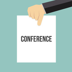 Man showing paper CONFERENCE text