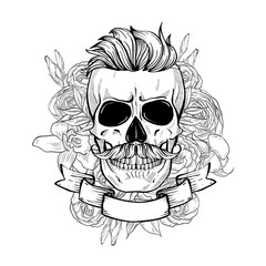 Skull with hairstyle and moustaches