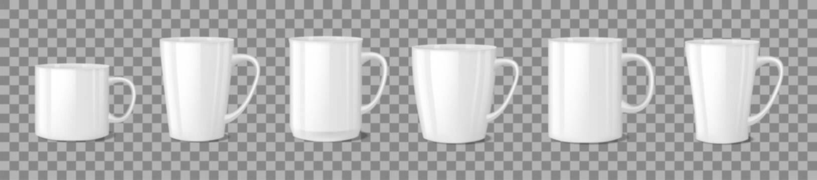Realistic blank white coffee mug cups on transparent background. Cup template mockup isolated. teacup for breakfast. Vector illustration