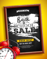 Back to school sale design with alarm clock, chalkboard and typography lettering on yellow background. Vector Illustration with Special Offer Typography Elements for Coupon, Voucher, Banner, Flyer