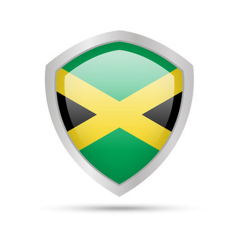 Shield with Jamaica flag on white background. Vector illustration.