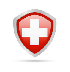 Shield with Switzerland flag on white background.