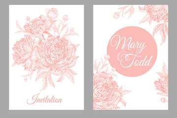 Wedding invitations. Vintage greeting cards with flowers and foliage of peonies set.