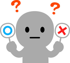 マルとバツのプレートを持って迷う人物