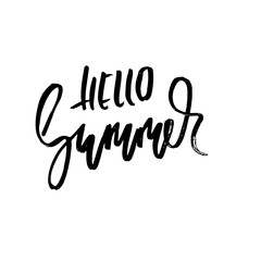 Hello summer. Hand drawn lettering for your design. Vector illustration isolated on white background. Modern dry brush inscription.